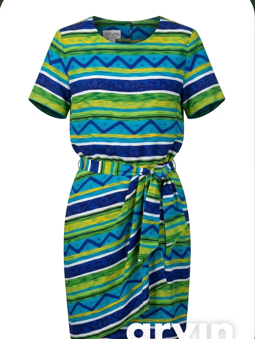 Blue & Green Striped Belted Dress